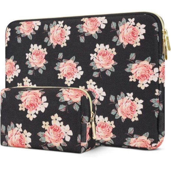 17.3" Laptop Sleeve Case Computer Bag With Small Matching Black Floral Case NEW - Picture 4 of 9